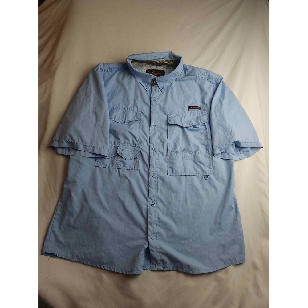 Realtree Mens Fishing Shirt Light Blue Short Sleeve Button Up Ventilated Large